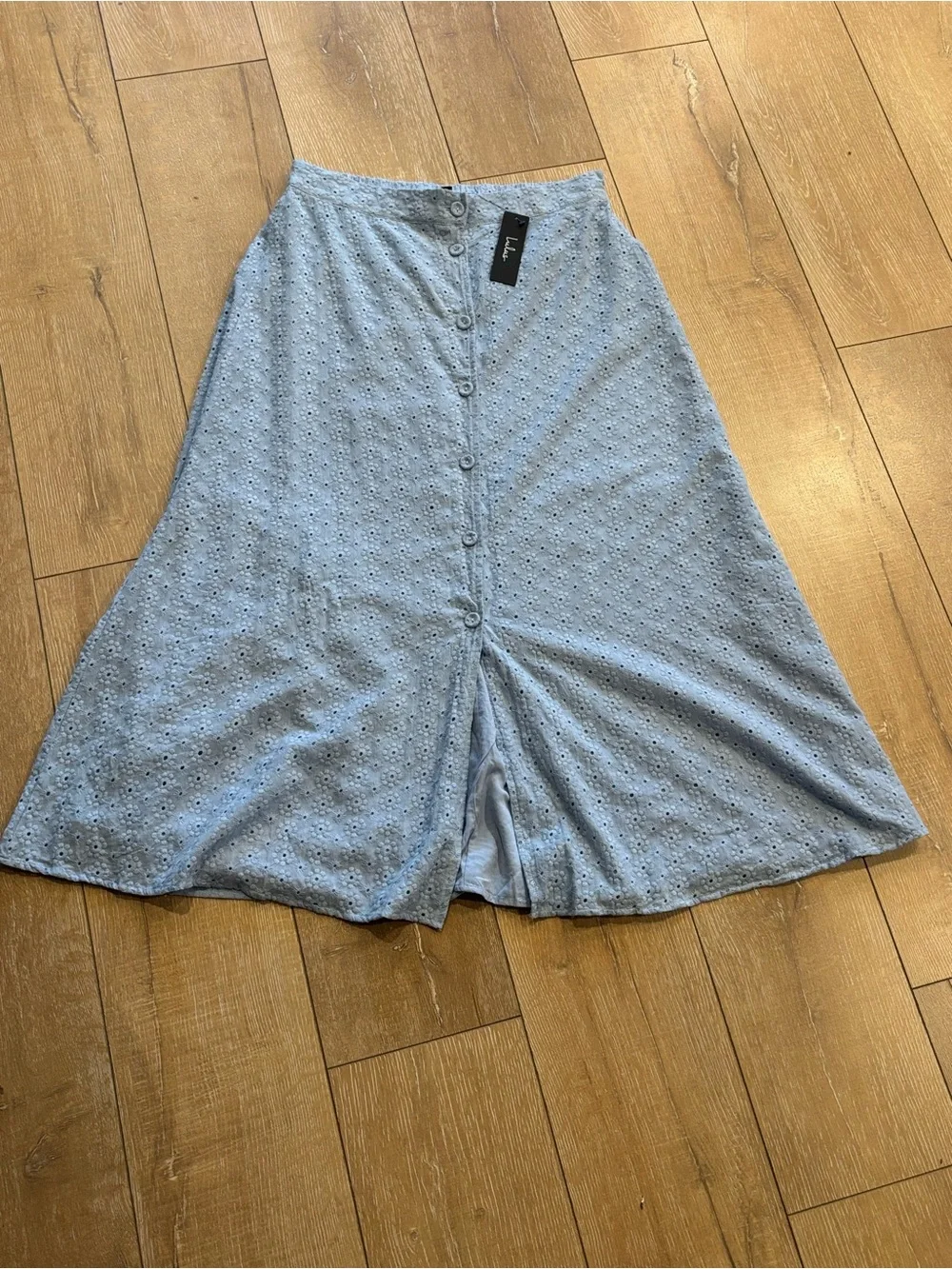 Lulus Blue Eyelet Embroidered Cotton Maxi Skirt Button Front Lined NWT Large